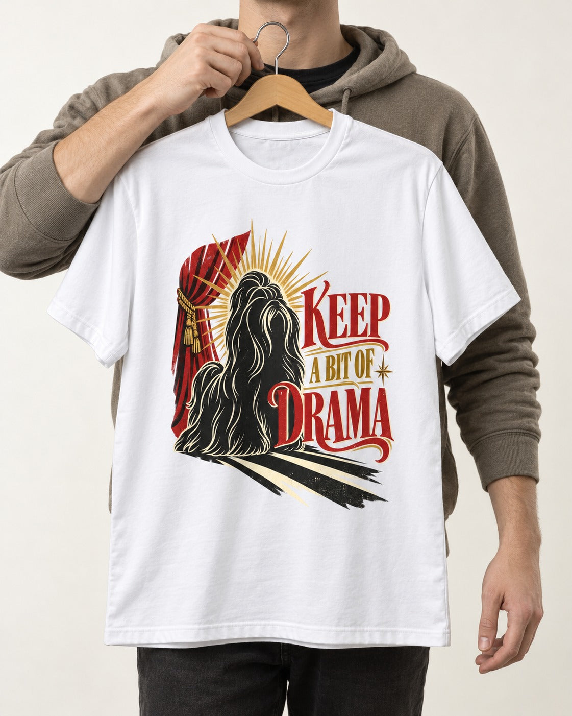 Shih Tzu Keep a Bit of Drama Theater Graphic T-Shirt in White, held up on a hanger