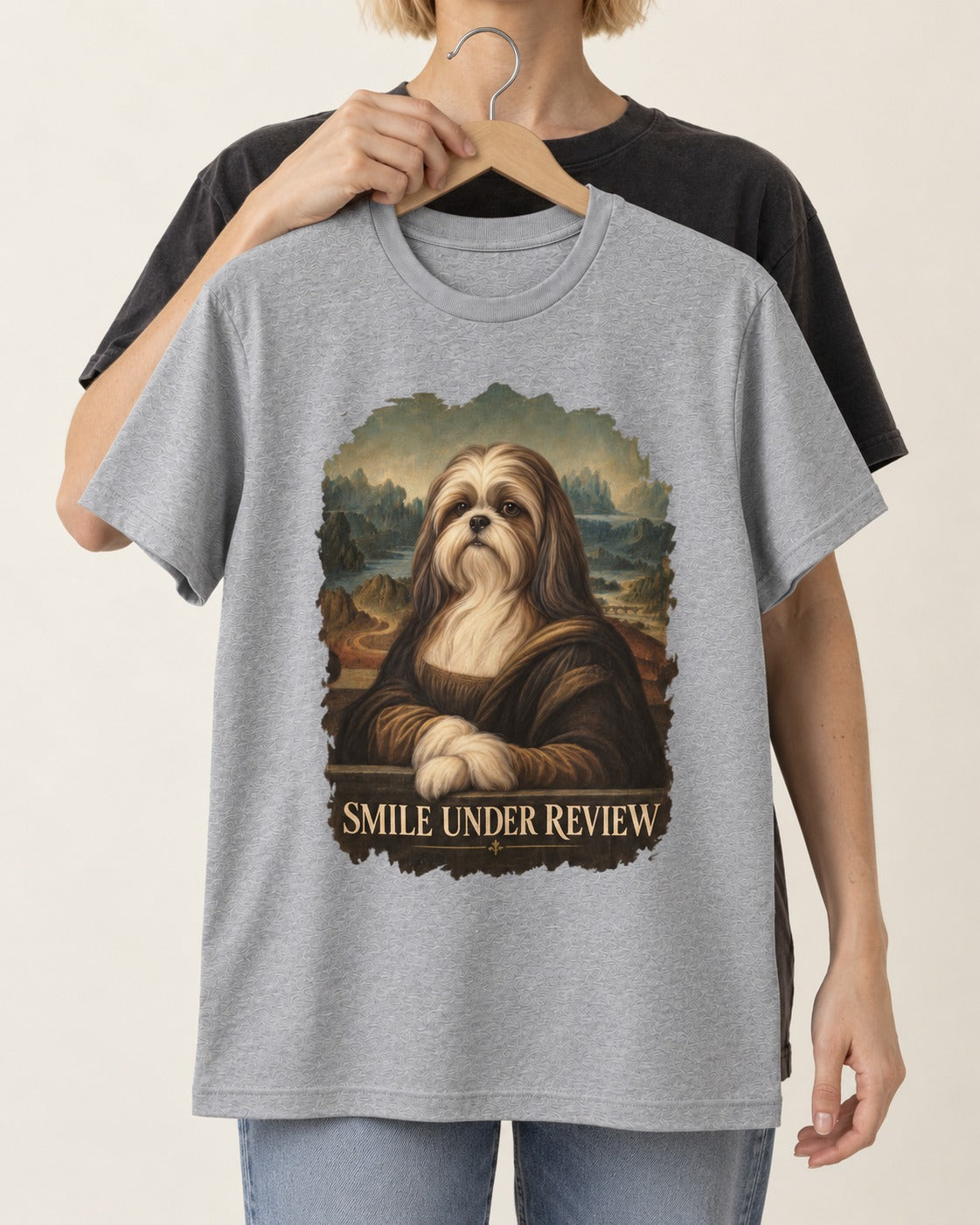 Shih Tzu Smile Under Review Old Master Portrait Graphic T-Shirt in Sport Grey, held up on a hanger
