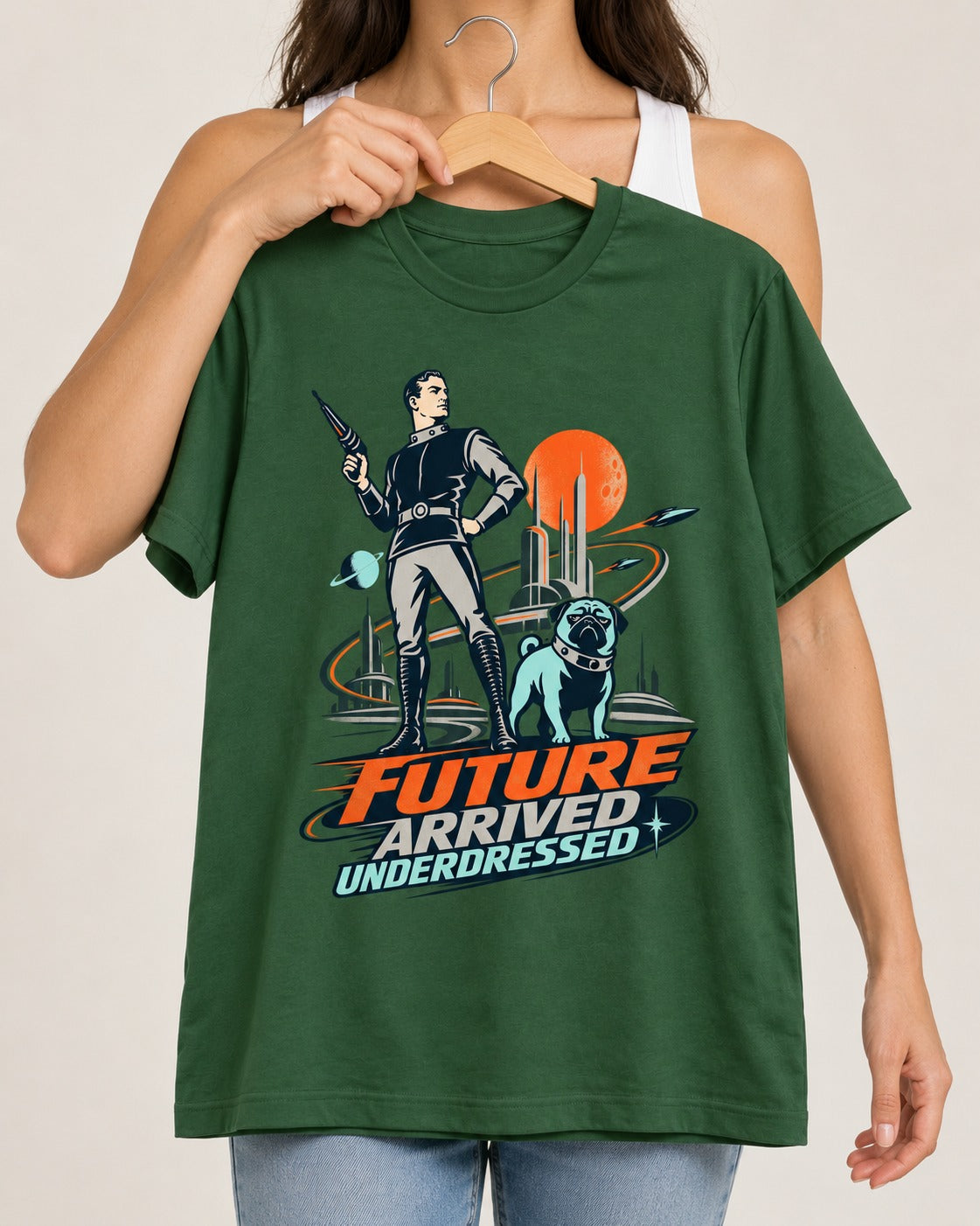 Pug Future Arrived Underdressed Space Hero Graphic T-Shirt in Forest Green, held up on a hanger