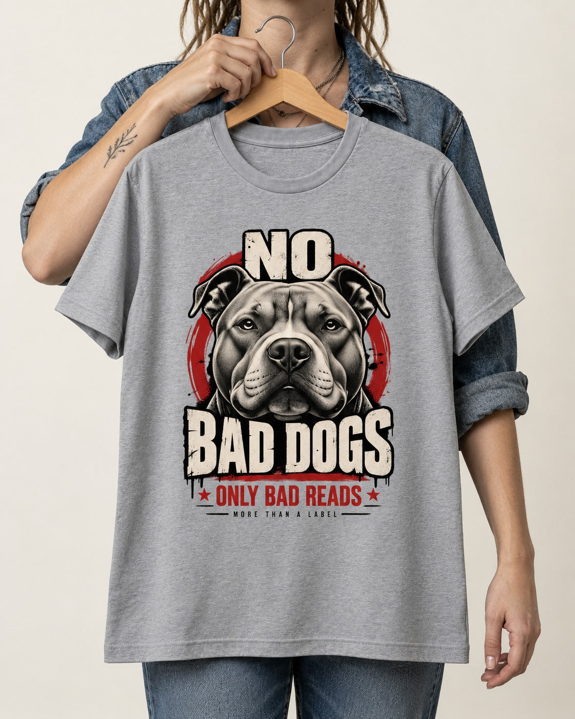 Pitbull Only Bad Reads T-Shirt in Sport Grey, held up on a hanger