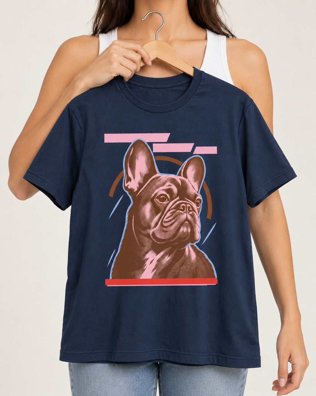 Frenchie Geometric Portrait Graphic T-Shirt in Navy, held up on a hanger