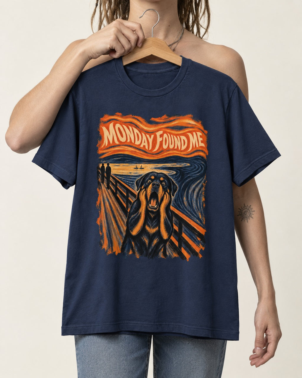 Rottweiler Monday Found Me Scream Parody Graphic T-Shirt in Navy, held up on a hanger