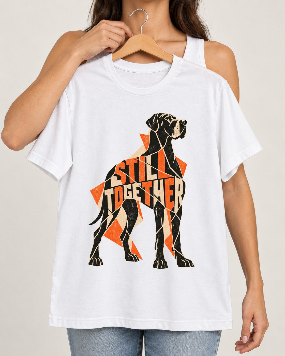 Great Dane Still Together Geometric Mosaic Graphic T-Shirt in White, held up on a hanger