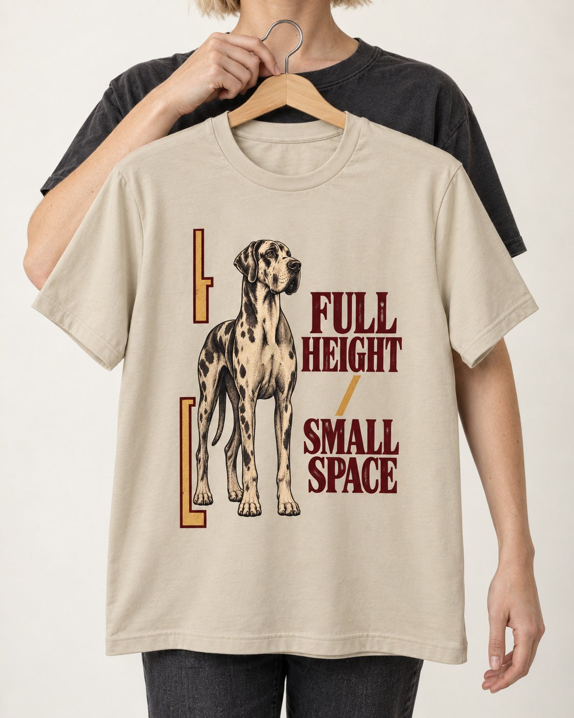 Great Dane Full Height Small Space T-Shirt in Sand, held up on a hanger