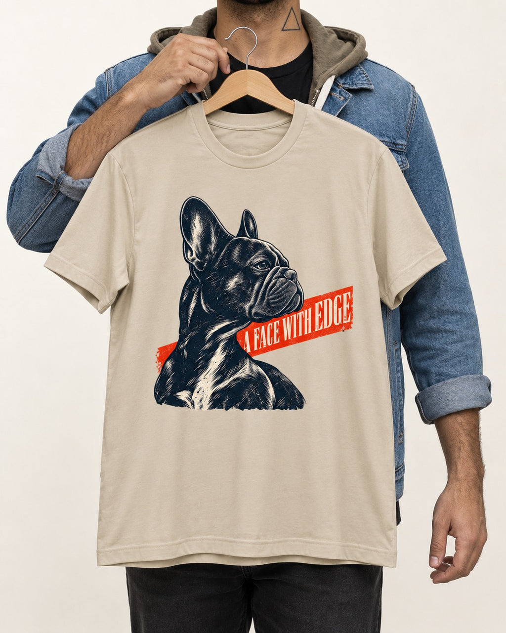 Frenchie Face with Edge T-Shirt in Sand, held up on a hanger