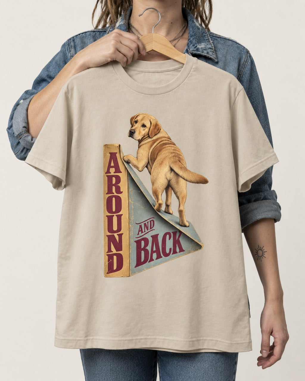 Labrador Retriever Around and Back T-Shirt in Sand, held up on a hanger
