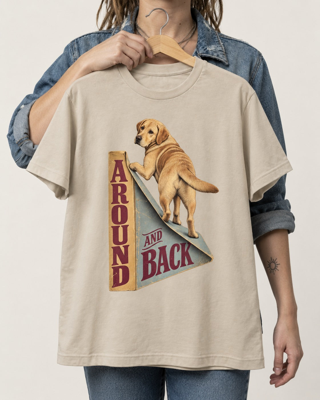 Labrador Retriever Around and Back T-Shirt in Sand, held up on a hanger