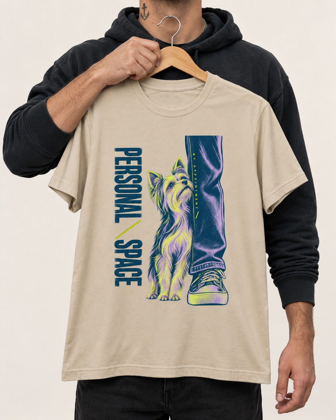 Yorkshire Terrier Personal Space by Appointment T-Shirt in Sand, held up on a hanger