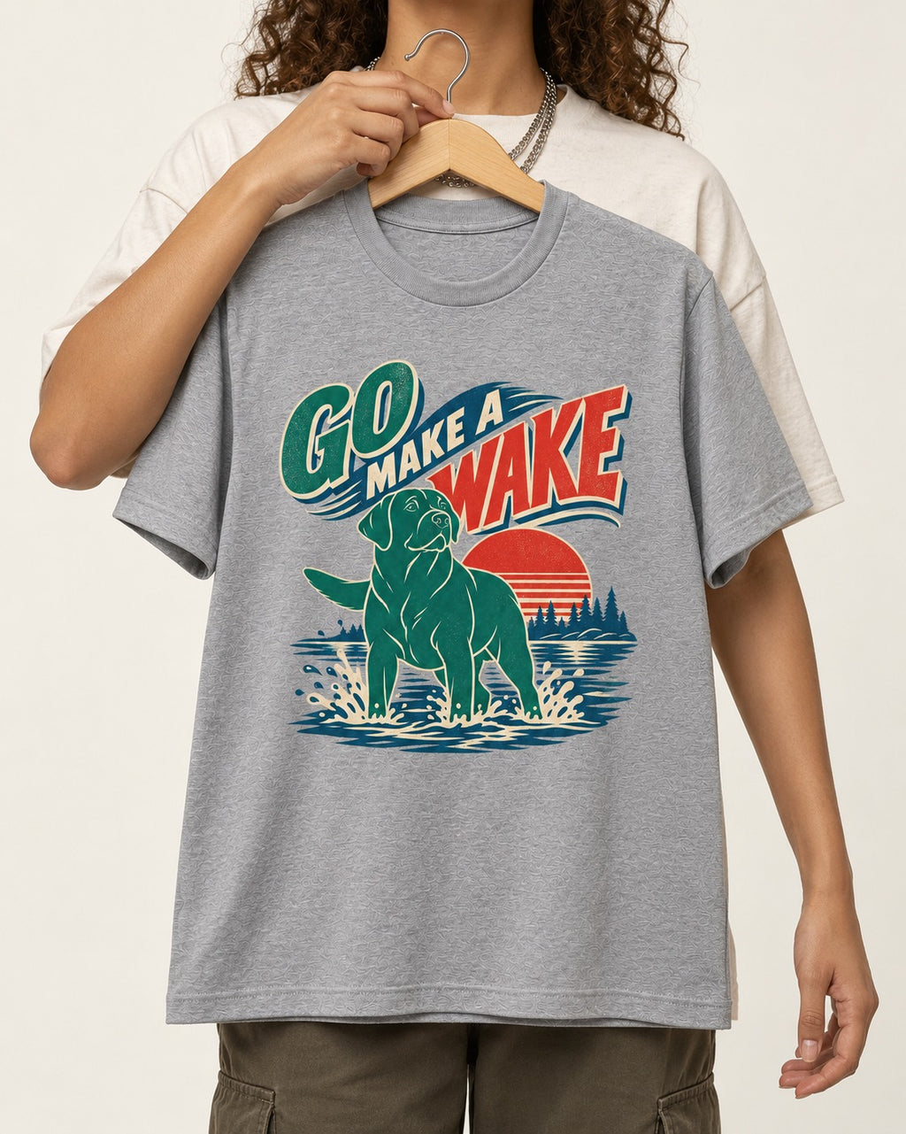Labrador Retriever Go Make a Wake Lake Graphic T-Shirt in Sport Grey, held up on a hanger