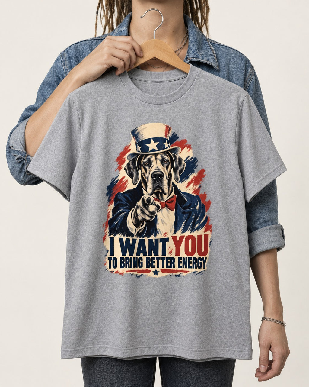 Great Dane I Want You to Bring Better Energy Uncle Sam Graphic T-Shirt in Sport Grey, held up on a hanger