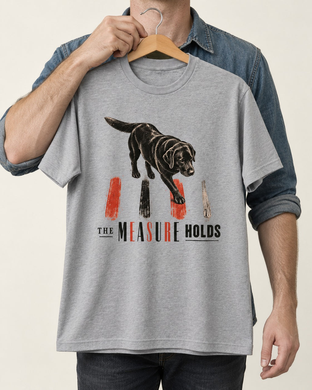 Labrador Retriever The Measure Holds T-Shirt in Sport Grey, held up on a hanger