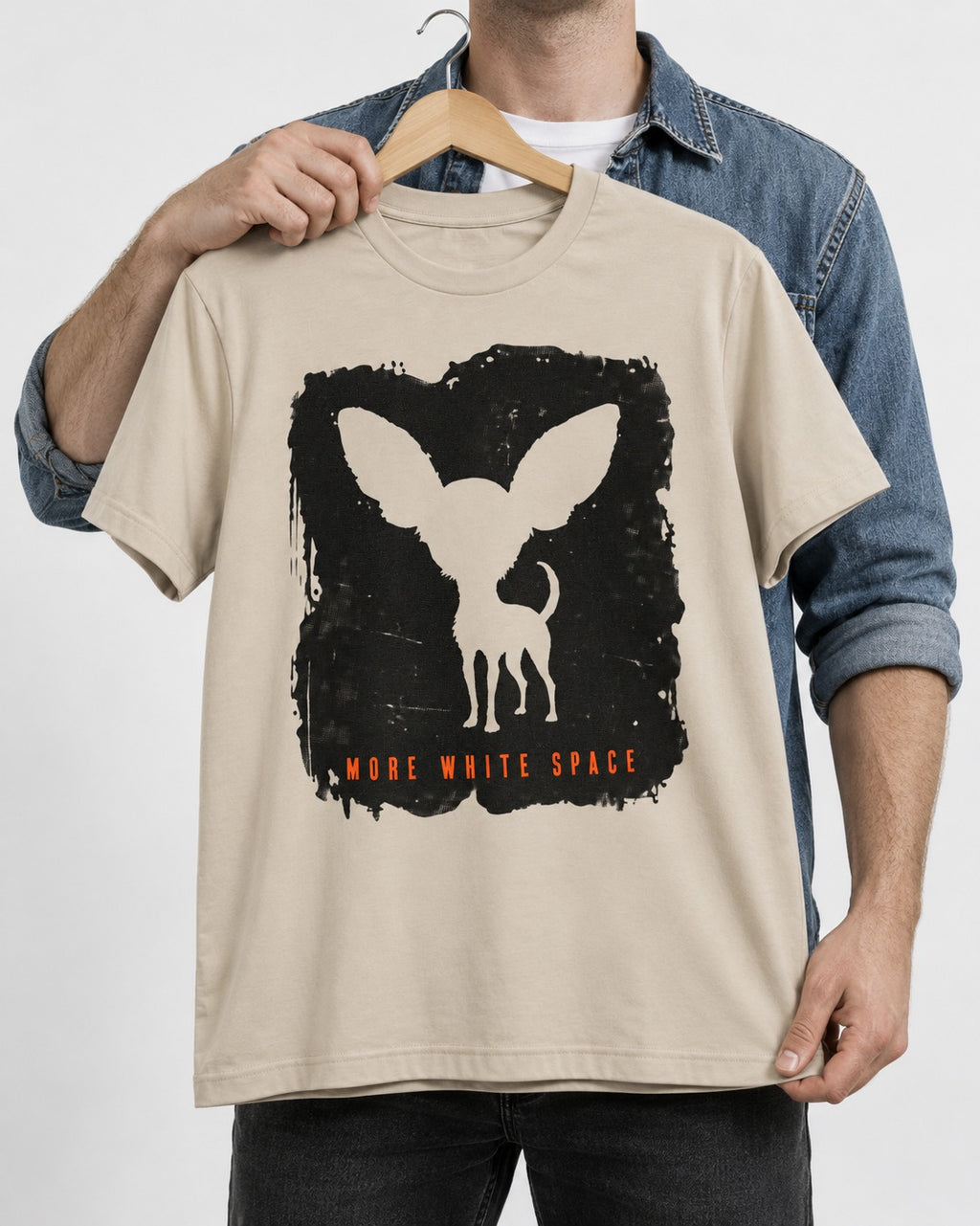 More White Space Chihuahua T-Shirt in Sand, held up on a hanger