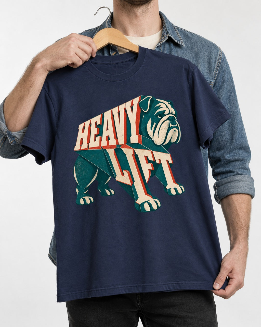 English Bulldog Heavy Lift Dimensional Type T-Shirt in Navy, held up on a hanger