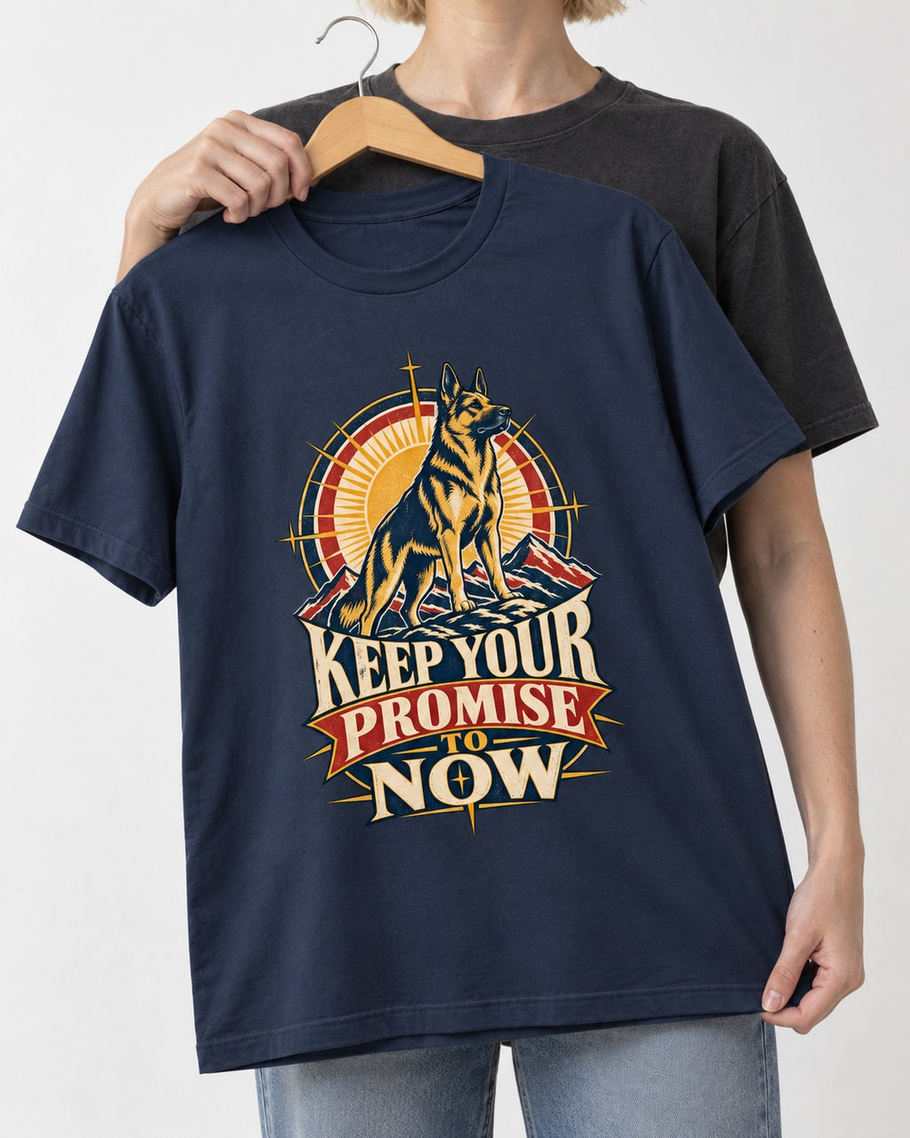 Keep Your Promise To Now Sunrise German Shepherd Dog Graphic T-Shirt in Navy, held up on a hanger