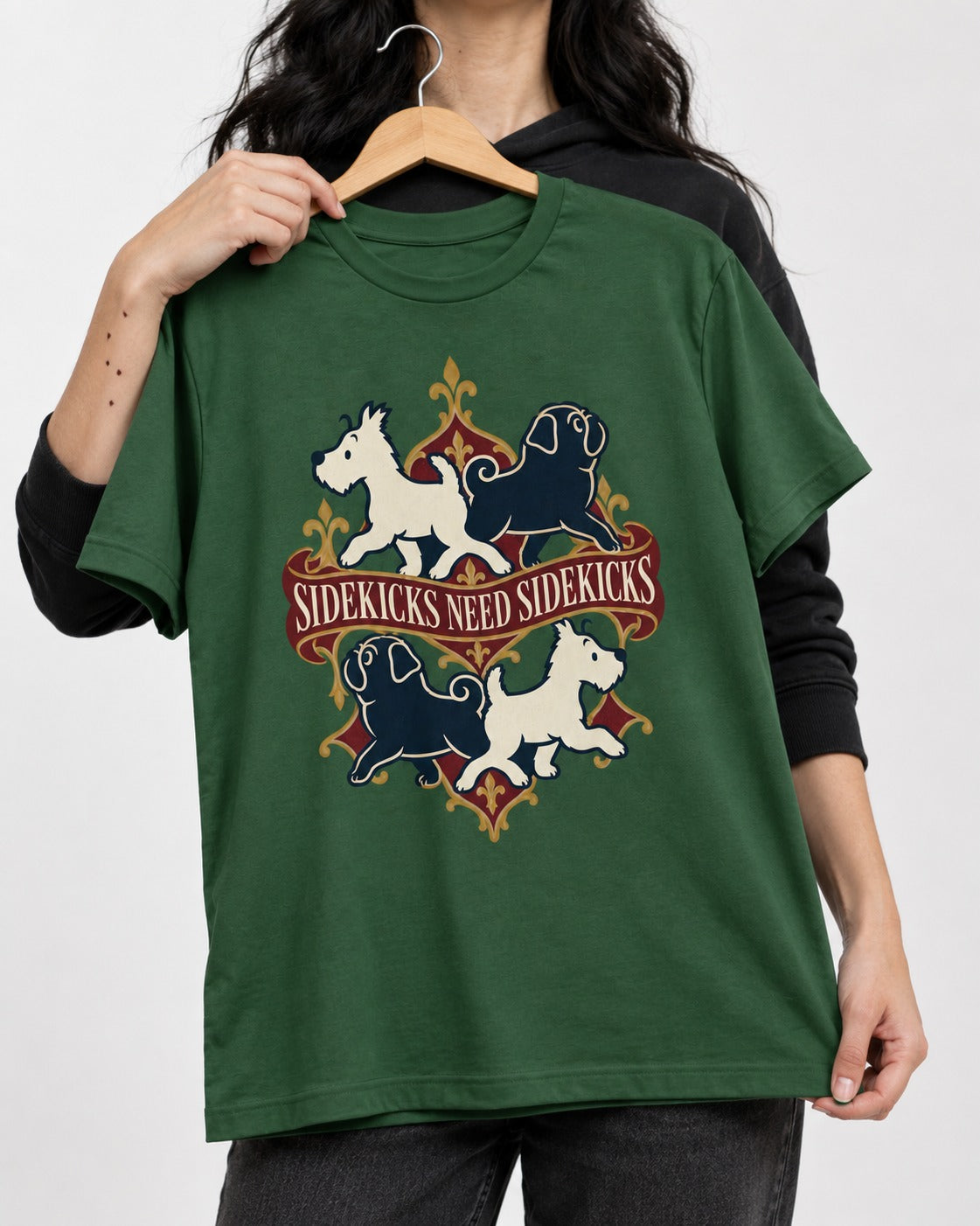 Pug Sidekicks Need Sidekicks Heraldic Graphic T-Shirt in Forest Green, held up on a hanger