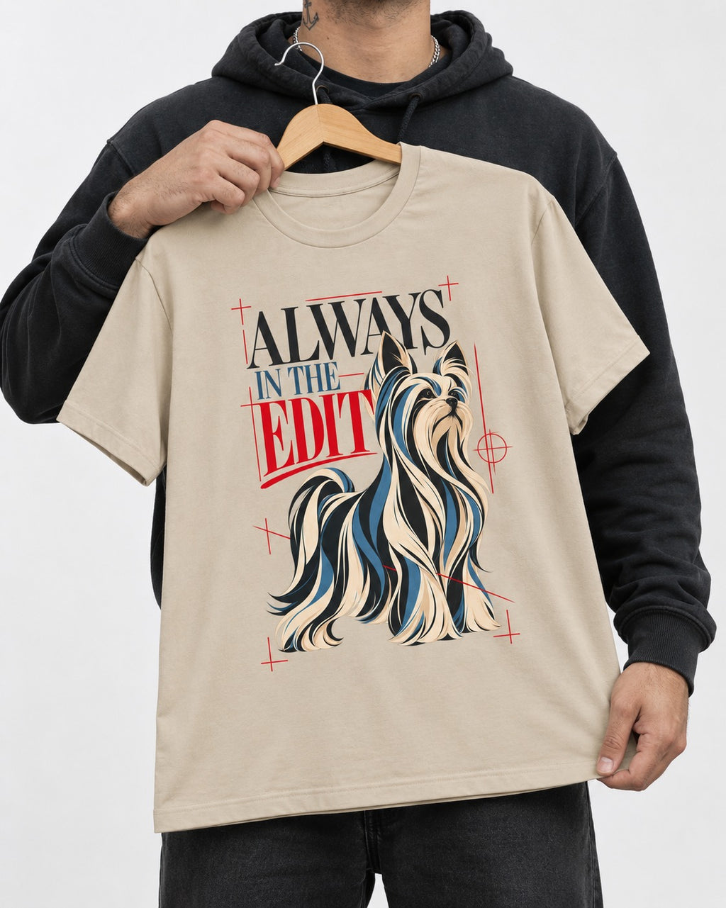 Always in the Edit Yorkshire Terrier T-Shirt in Sand, held up on a hanger