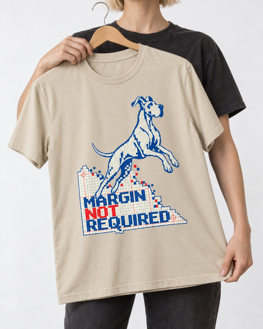 Great Dane Margin Not Required T-Shirt in Sand, held up on a hanger