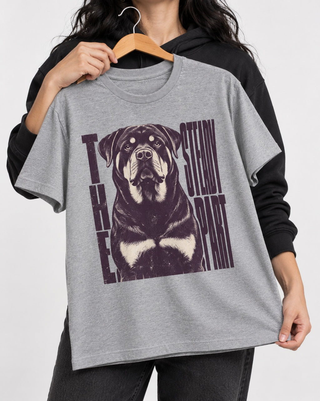 Rottweiler The Steady Part T-Shirt in Sport Grey, held up on a hanger
