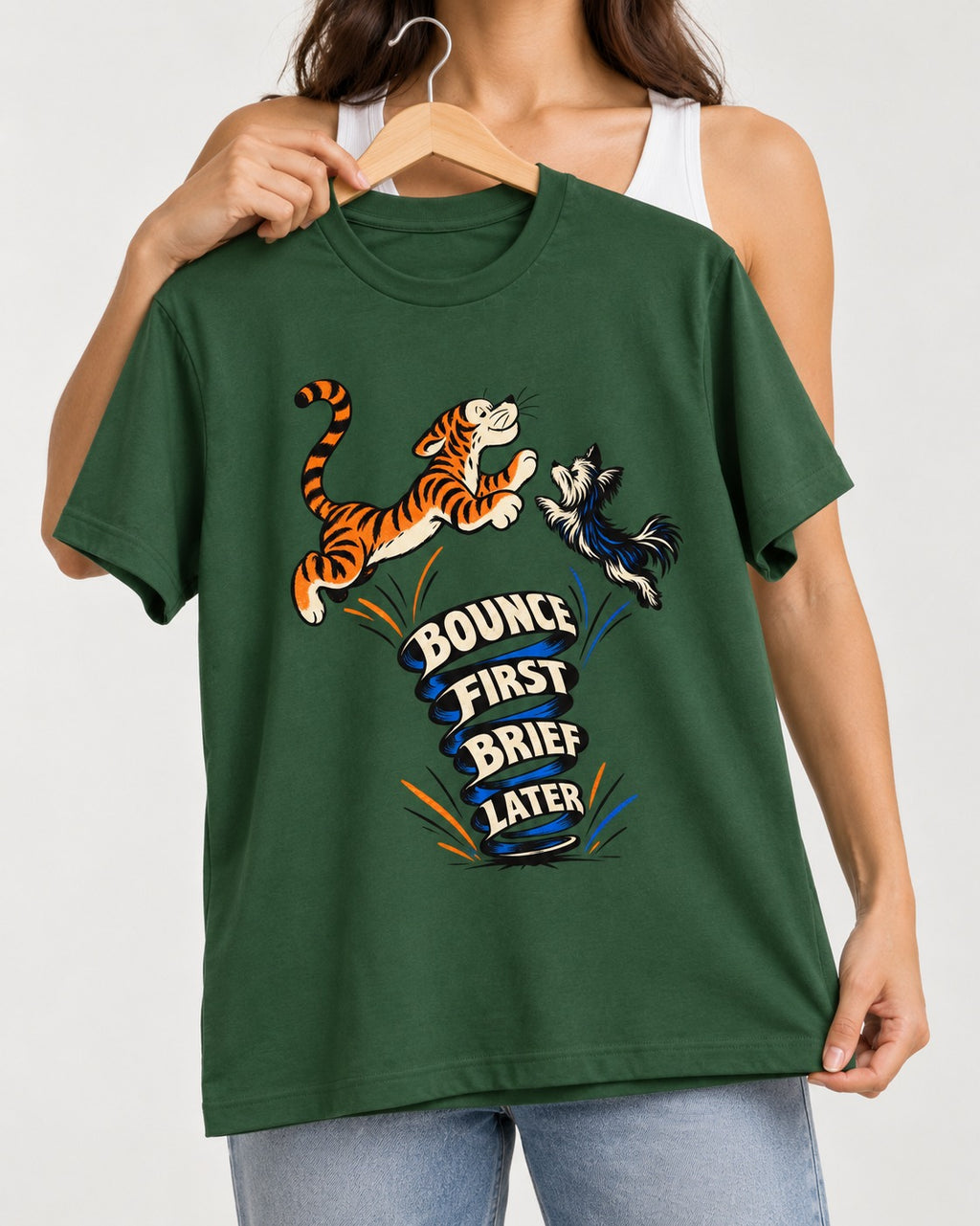 Yorkshire Terrier Bounce First Brief Later Tiger Graphic T-Shirt in Forest Green, held up on a hanger