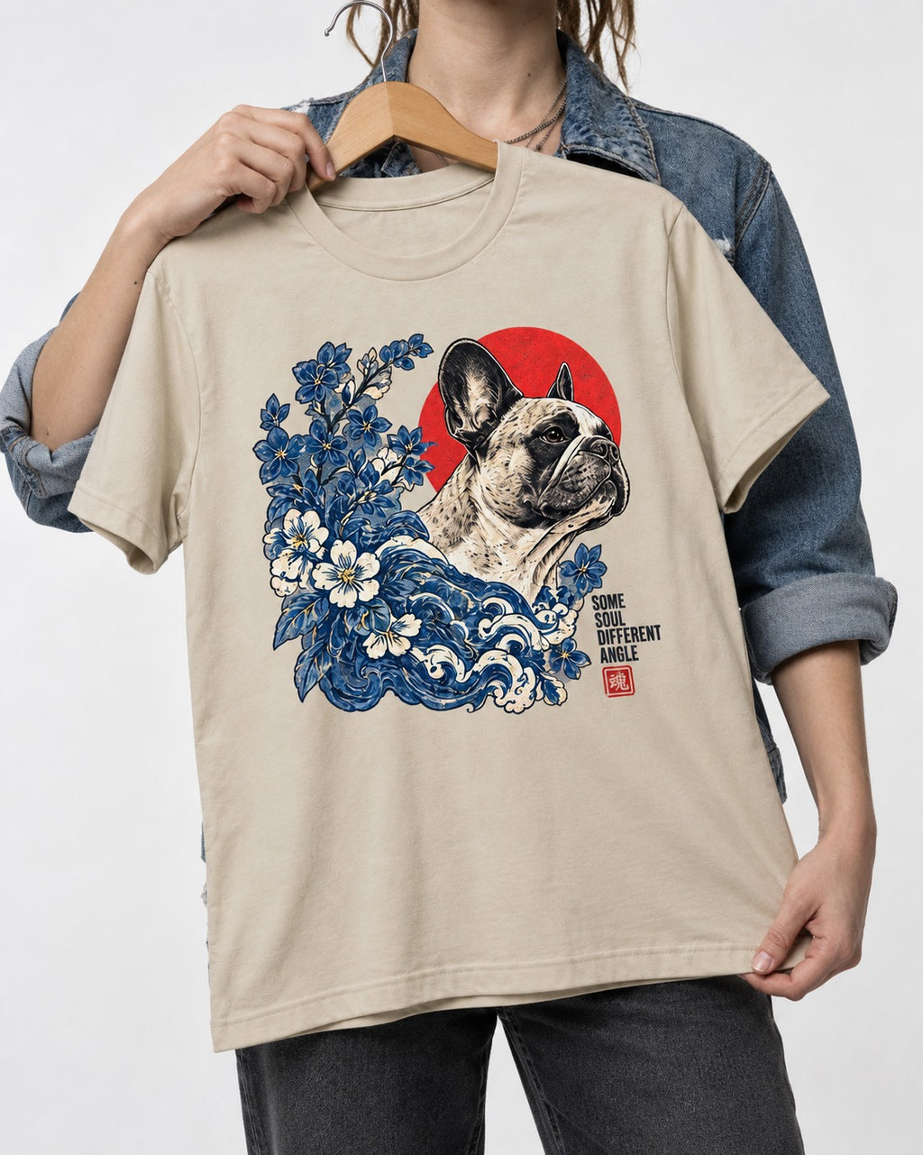 Some Soul Different Angle Frenchie T-Shirt in Sand, held up on a hanger