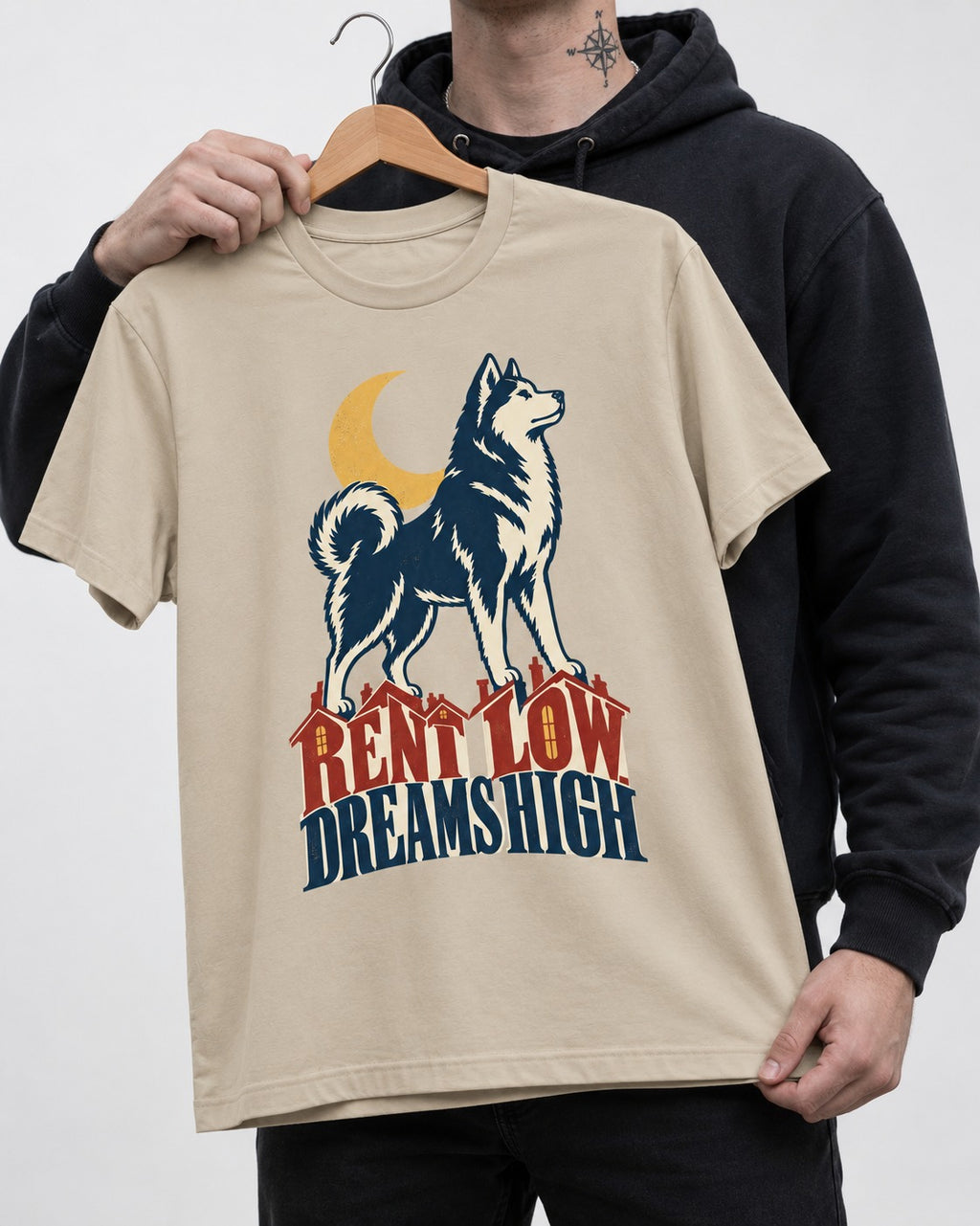 Husky Dreams High T-Shirt in Sand, held up on a hanger