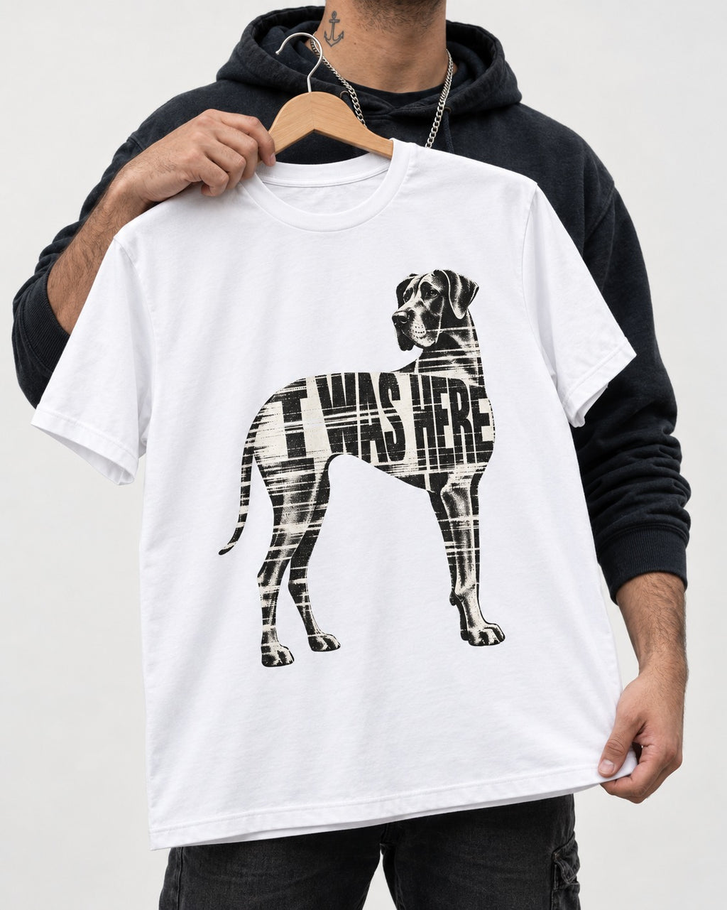 Great Dane I Was Here Plaid Silhouette Graphic T-Shirt in White, held up on a hanger