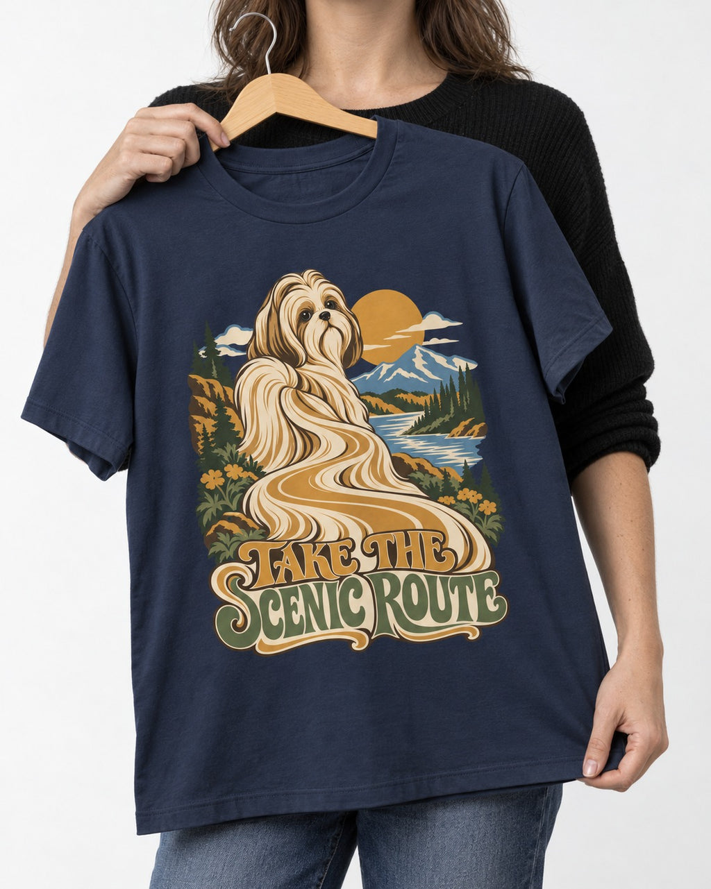Shih Tzu Take the Scenic Route Mountain Vista Graphic T-Shirt in Navy, held up on a hanger