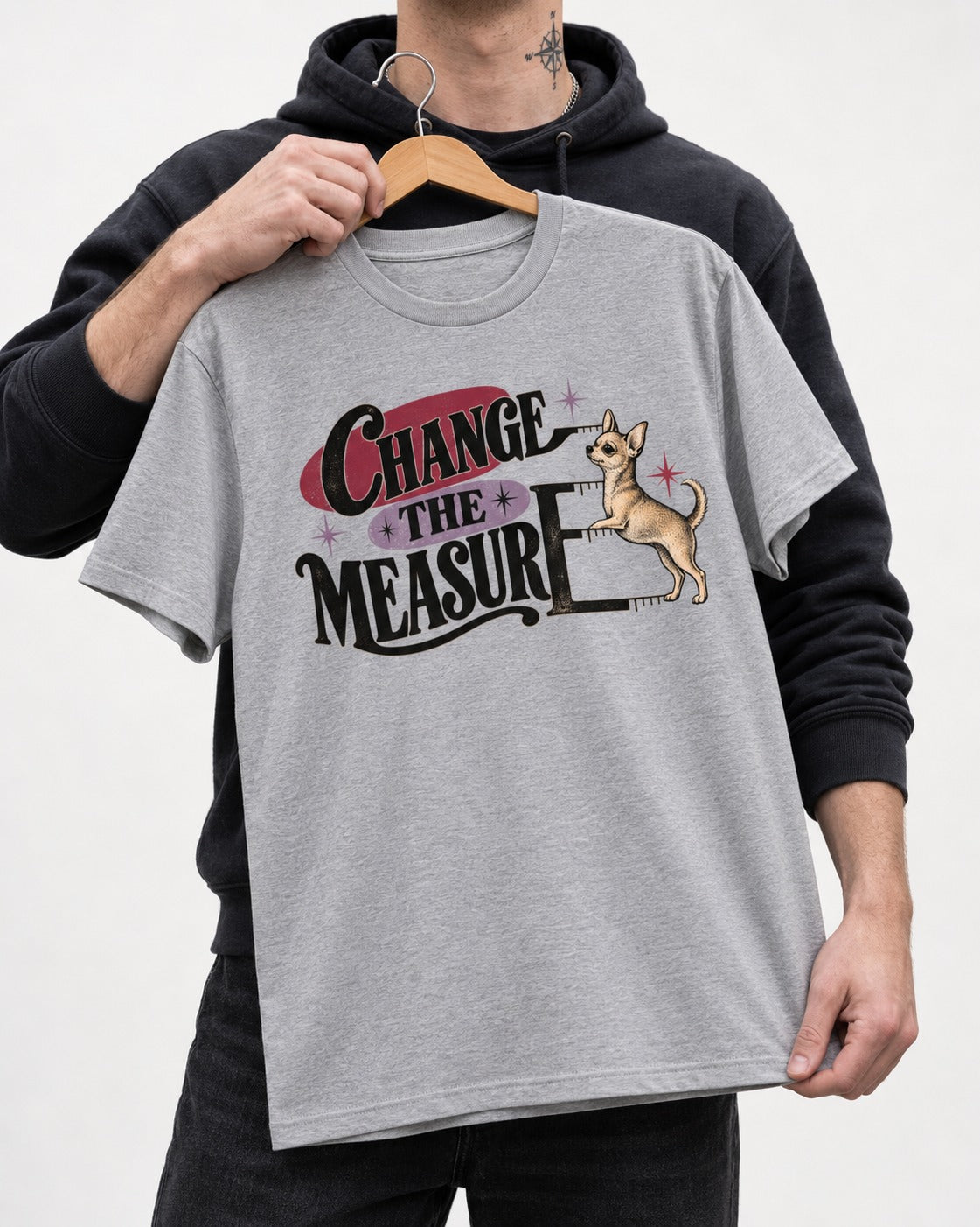 Change the Measure Chihuahua T-Shirt in Sport Grey, held up on a hanger