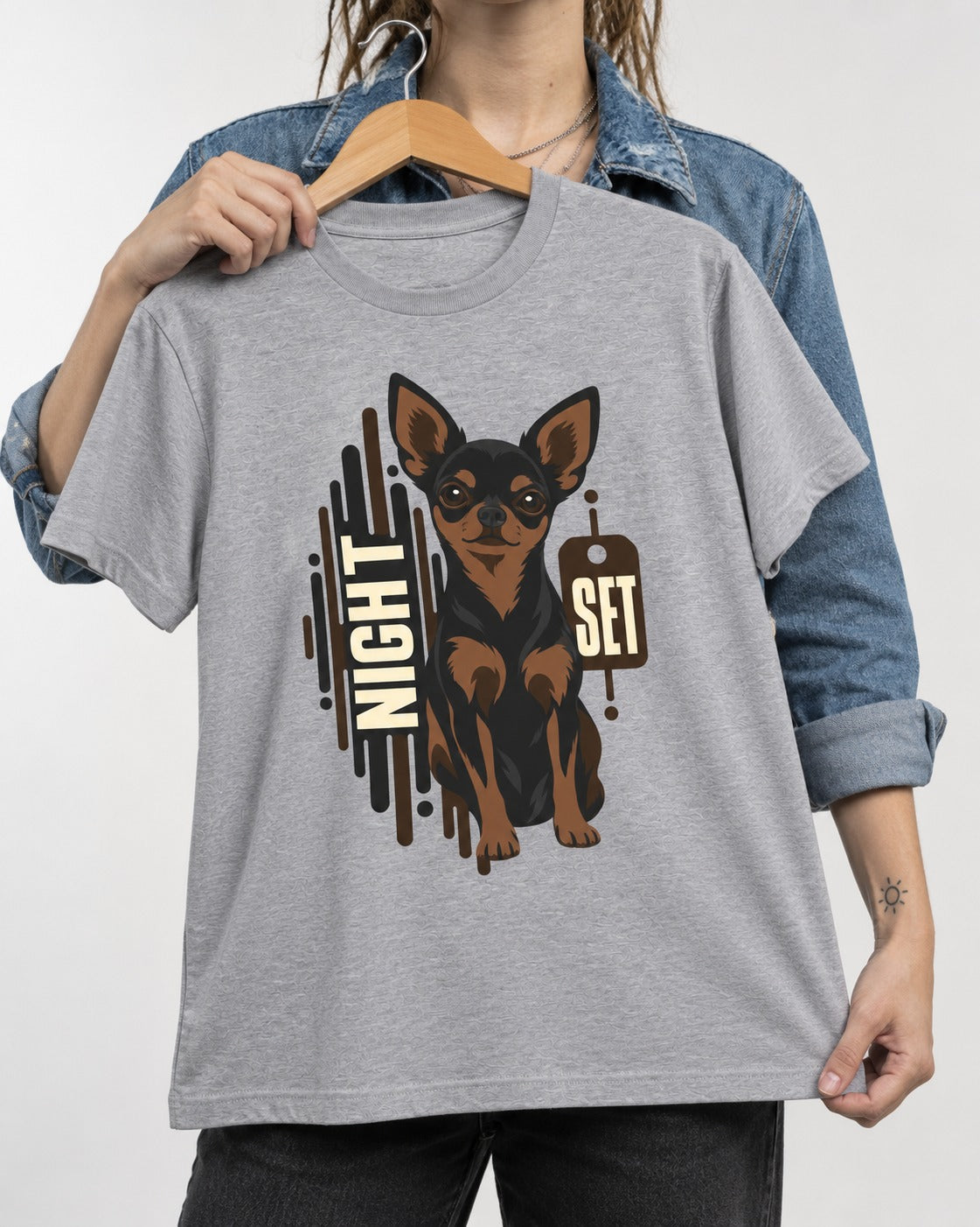Chihuahua Night Set T-Shirt in Sport Grey, held up on a hanger