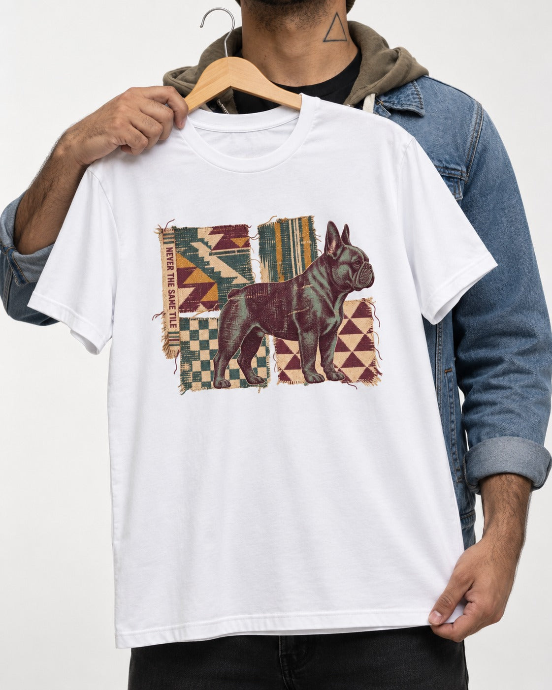 Frenchie Never the Same Tile Textile Graphic T-Shirt in White, held up on a hanger