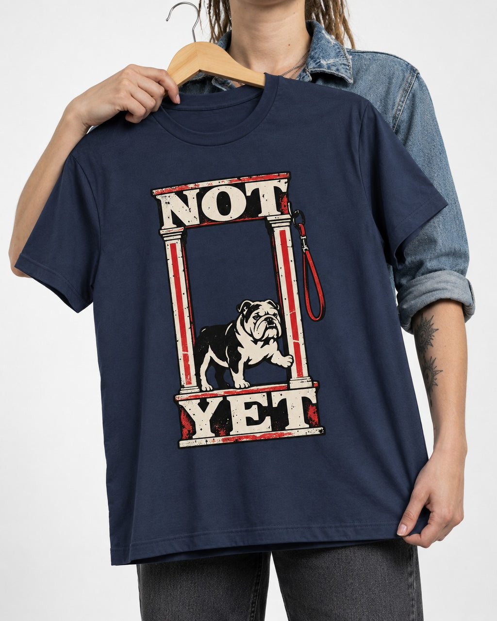 English Bulldog Not Yet Doorway Graphic T-Shirt in Navy, held up on a hanger
