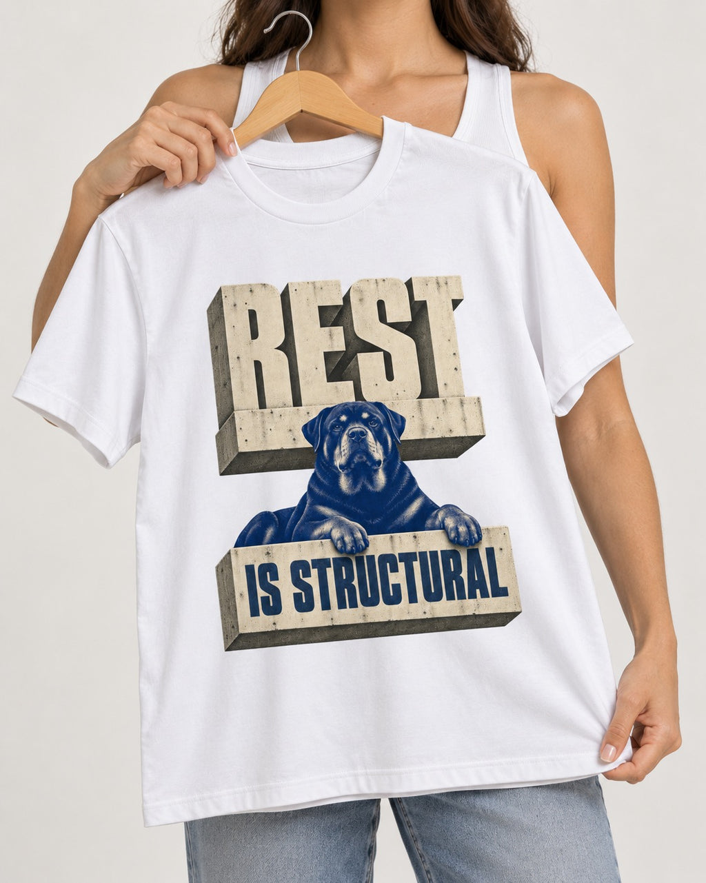 Rottweiler Rest Is Structural Architectural Type Graphic T-Shirt in White, held up on a hanger