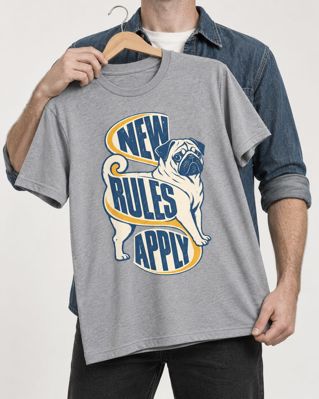 Pug New Rules Apply Ribbon Graphic T-Shirt in Sport Grey, held up on a hanger