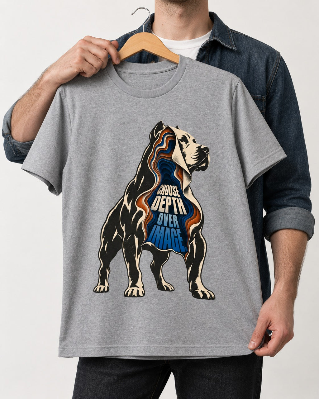 Pitbull Choose Depth Over Image Layered Cutaway Graphic T-Shirt in Sport Grey, held up on a hanger