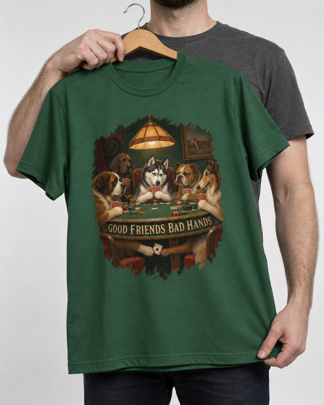 Husky Good Friends Bad Hands Poker Night Graphic T-Shirt in Forest Green, held up on a hanger
