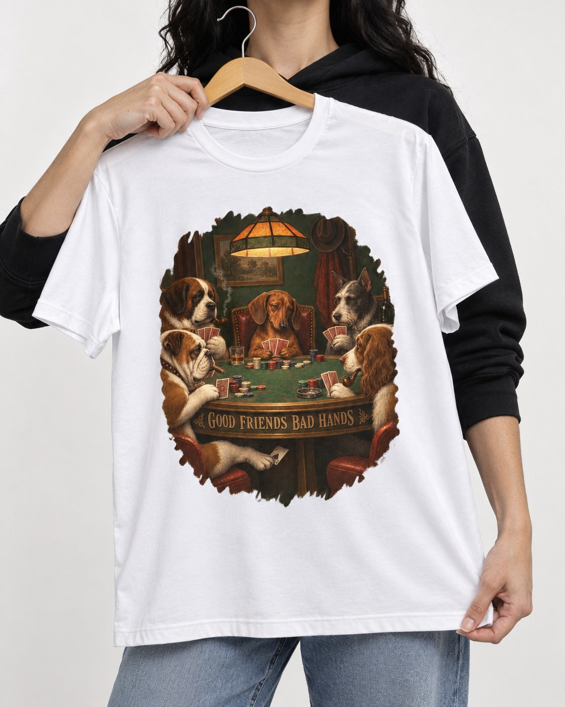 Dachshund Good Friends Bad Hands Poker Scene T-Shirt in White, held up on a hanger