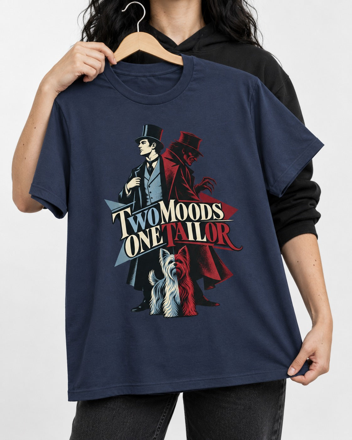 Yorkshire Terrier Two Moods One Tailor Split Persona Graphic T-Shirt in Navy, held up on a hanger