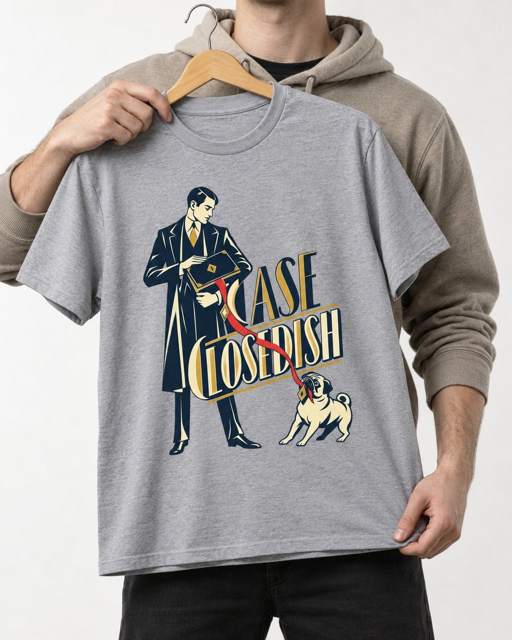 Case Closedish Pug T-Shirt in Sport Grey, held up on a hanger