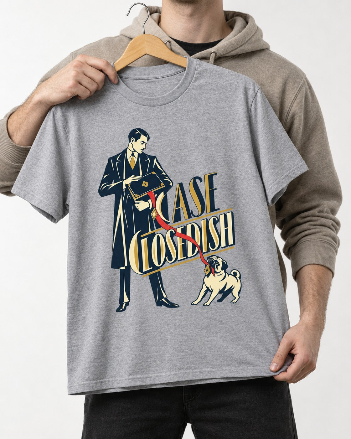 Case Closedish Pug T-Shirt in Sport Grey, held up on a hanger