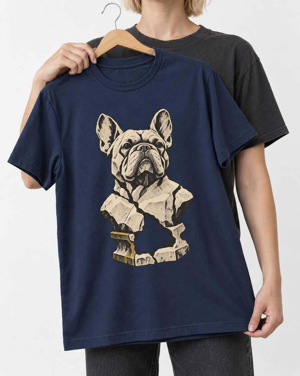 Frenchie Fractured Stone Bust Graphic T-Shirt in Navy, held up on a hanger