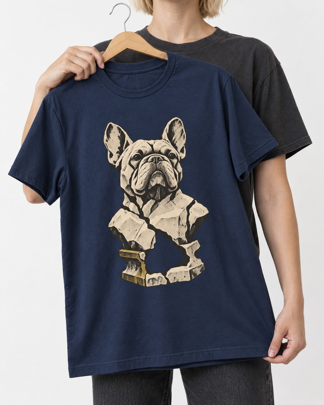 Frenchie Fractured Stone Bust Graphic T-Shirt in Navy, held up on a hanger