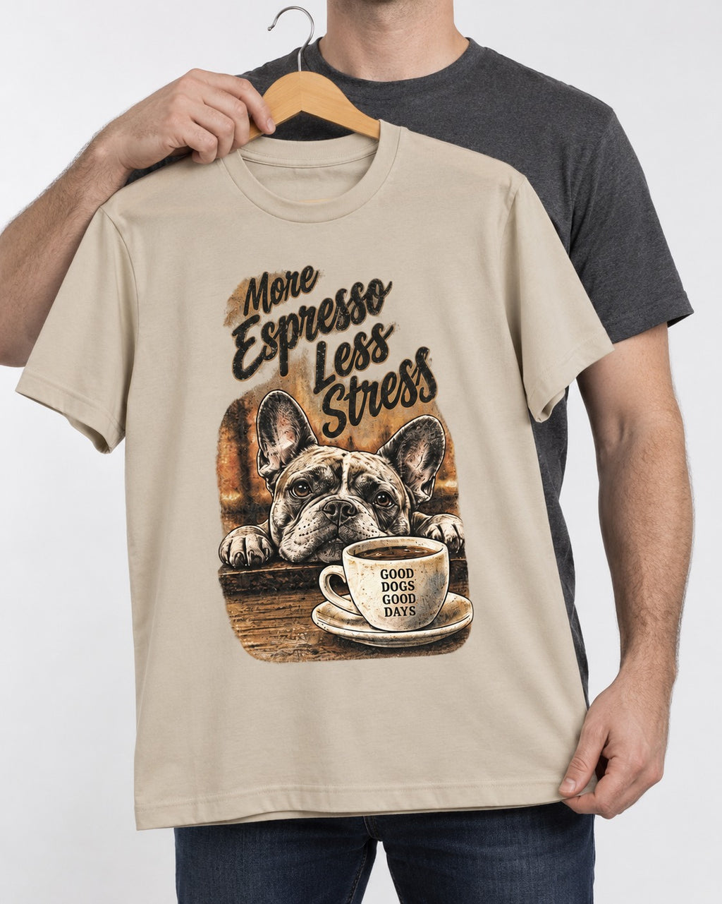 Frenchie More Espresso Less Stress T-Shirt in Sand, held up on a hanger