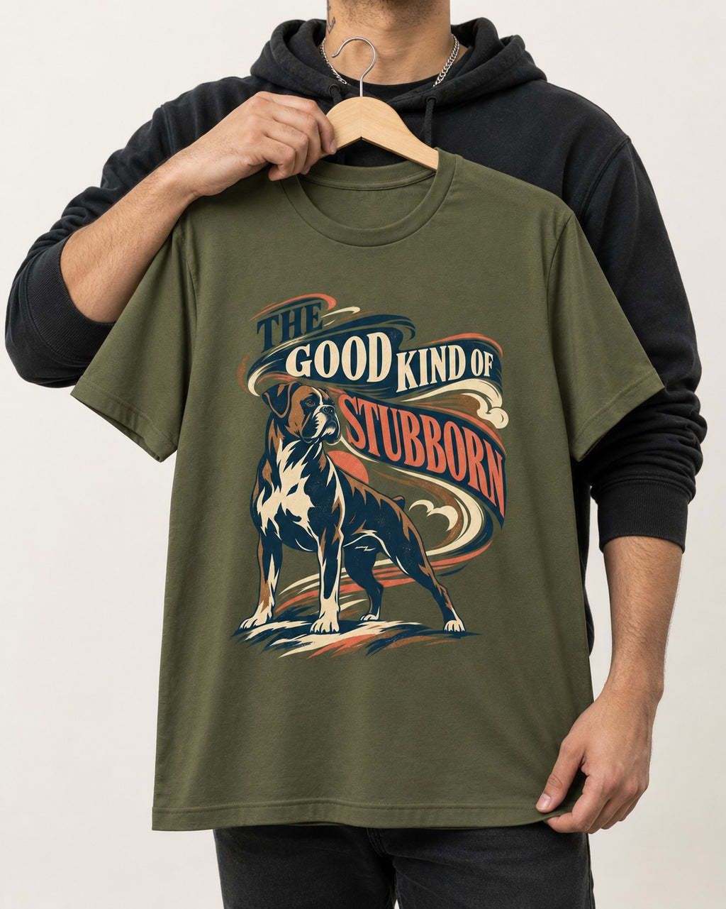 Boxer The Good Kind of Stubborn T-Shirt in Heather Military Green, held up on a hanger