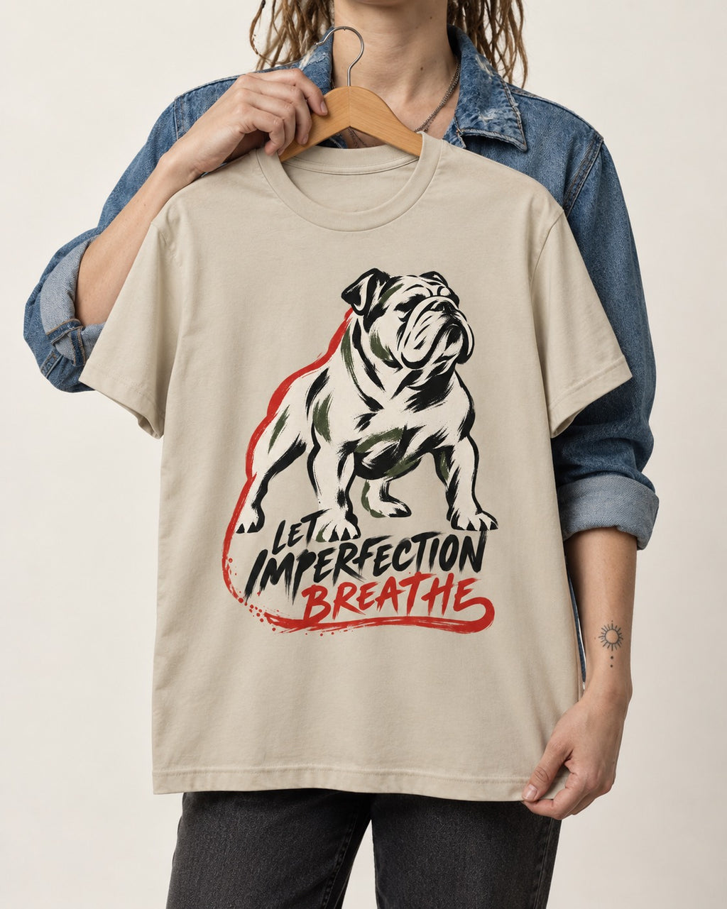 Let Imperfection Breathe English Bulldog T-Shirt in Sand, held up on a hanger
