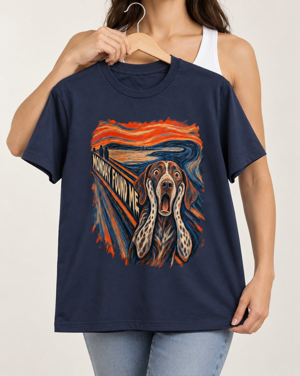 German Shorthaired Pointer Monday Found Me Scream Parody Graphic T-Shirt in Navy, held up on a hanger