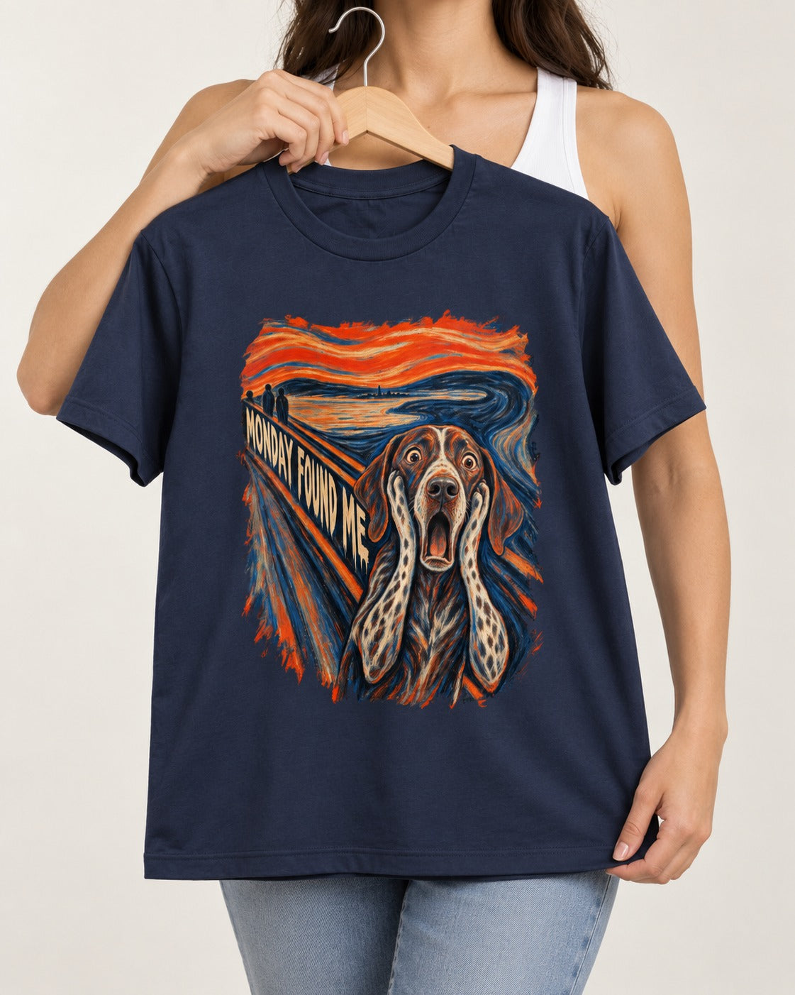 German Shorthaired Pointer Monday Found Me Scream Parody Graphic T-Shirt in Navy, held up on a hanger