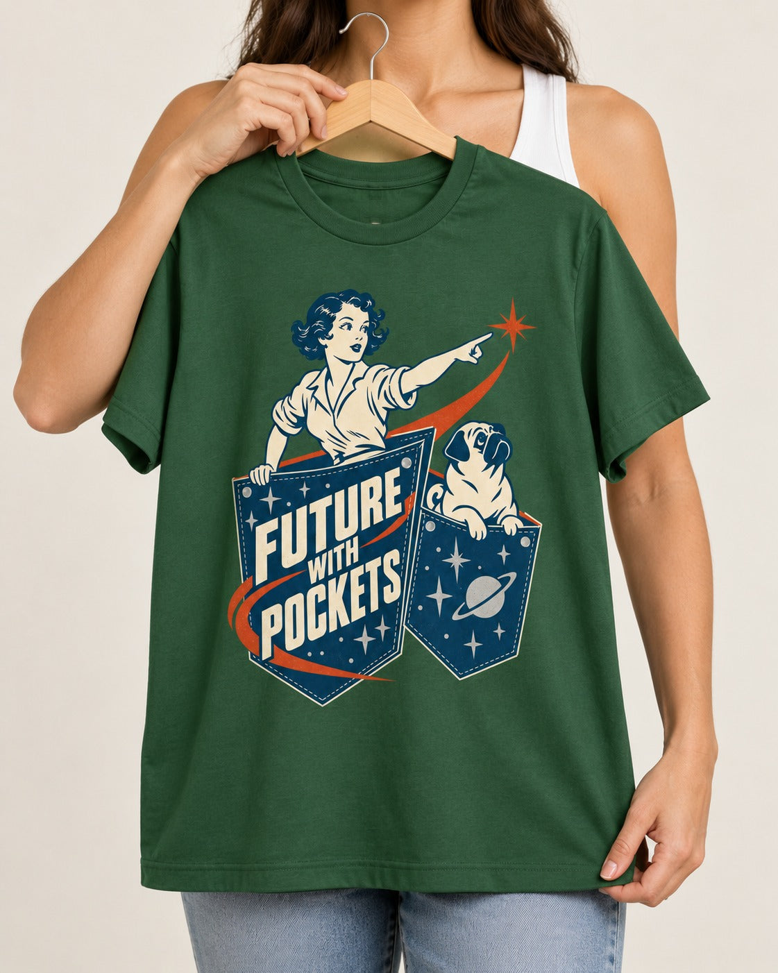 Pug Future with Pockets Space Pocket Graphic T-Shirt in Forest Green, held up on a hanger
