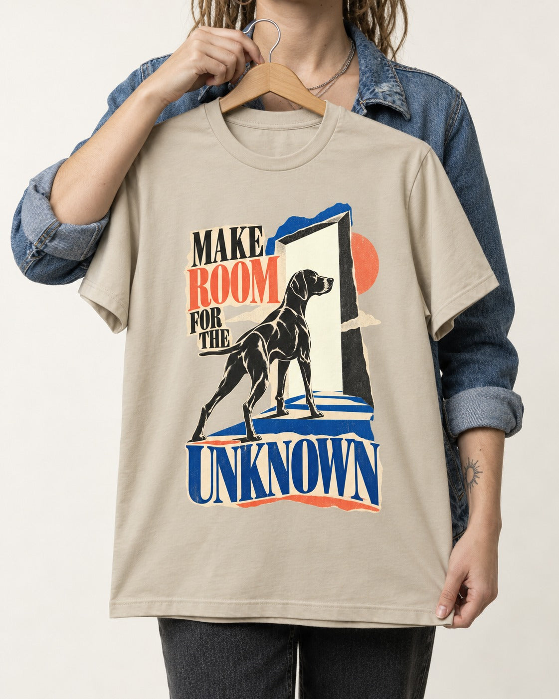 German Shorthaired Pointer Room for the Unknown T-Shirt in Sand, held up on a hanger