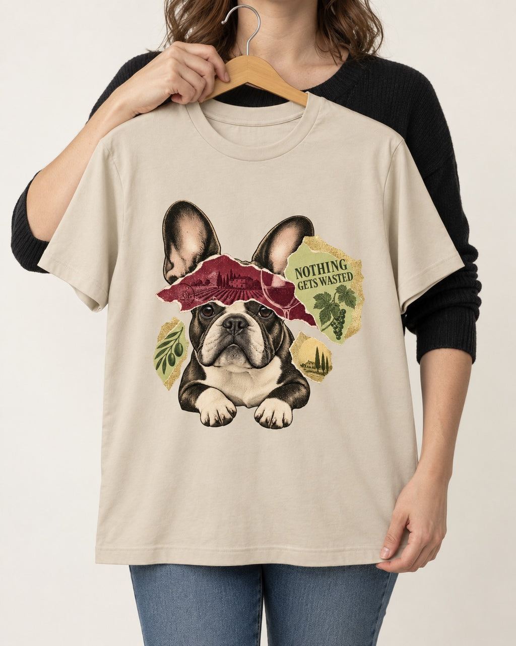 Nothing Gets Wasted with Frenchie T-Shirt in Sand, held up on a hanger