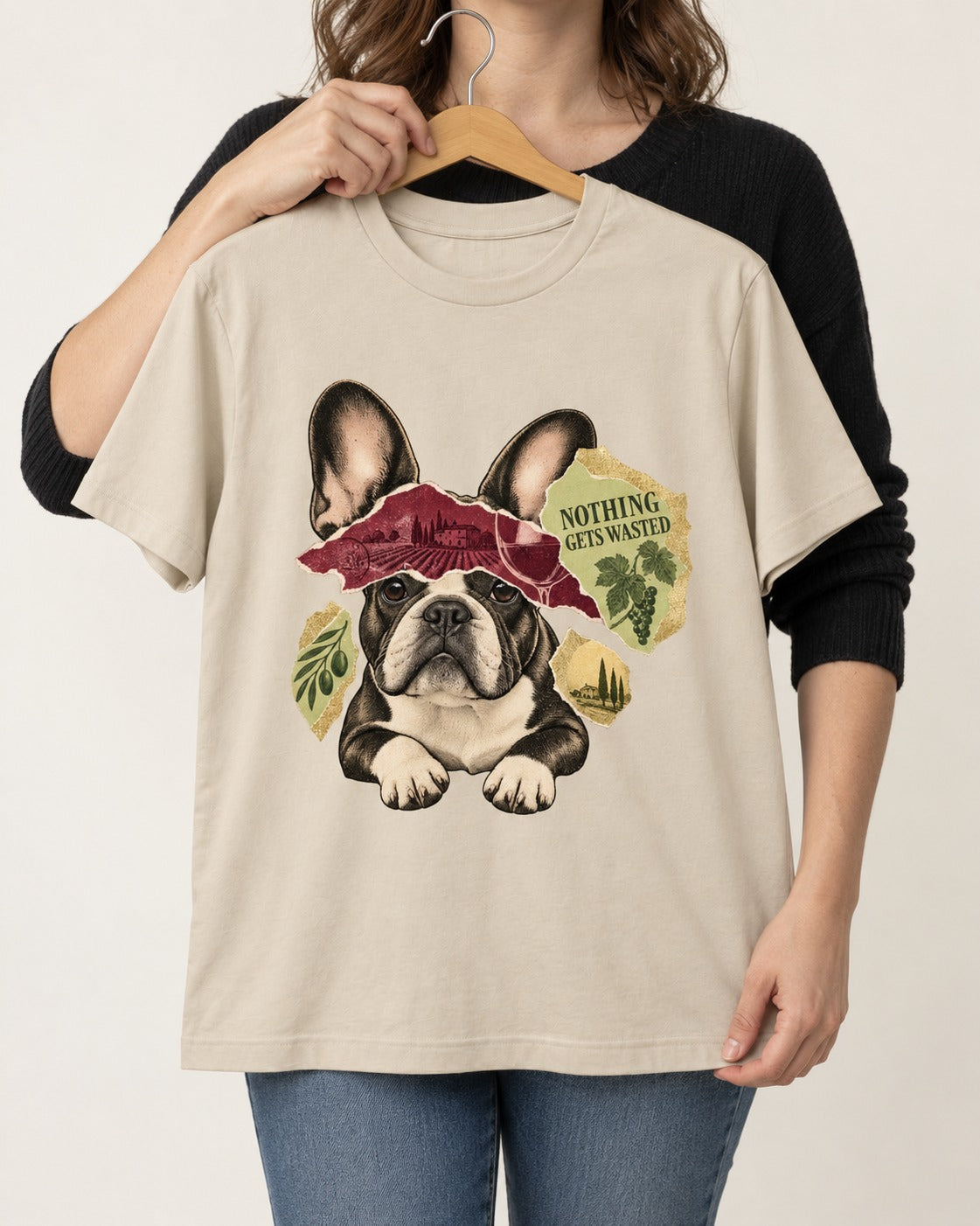 Nothing Gets Wasted with Frenchie T-Shirt in Sand, held up on a hanger